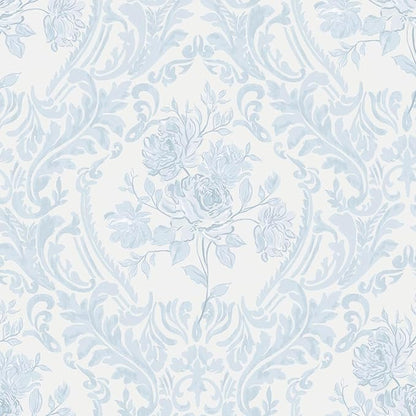 Ismoon Floral Peel and Stick Wallpaper Blue Contact Paper Boho Watercolor Damask Wallpaper Vintage Textured Removable Self Adhesive Vinyl Wall Paper Renter Friendly, 17.3 in X 32.7 ft