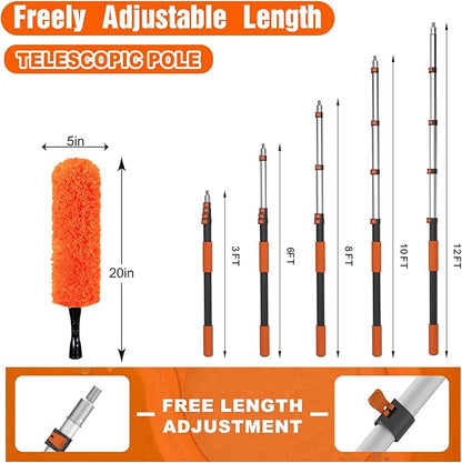 20FT Reach High Ceiling Duster Kit, Window Cleaning kit with 3-12FT Extension Pole, Fan Duster for Ceiling Fan Blades, Microfiber Feather Duster, Rotatable Window Squeegee and Cobweb Duster