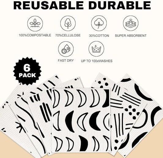 6 Pack Swedish Dishcloths for Kitchen, Reusable Soft Kitchen Towels Dish Cloths Set, No Odor Dish Cloths for Kitchen Dish Washing, Eco-Friendly Home Cleaning