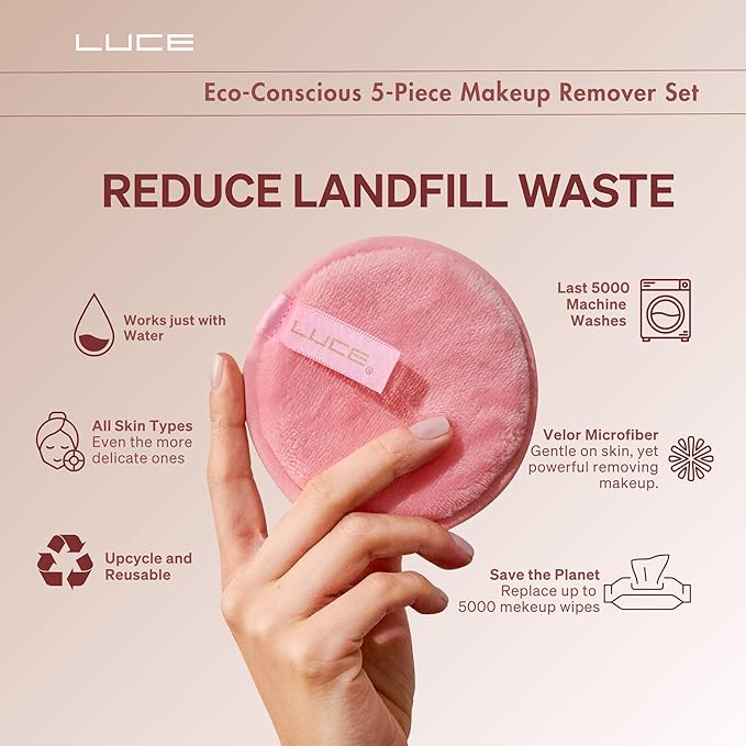 LUCE Makeup Remover Pads Reusable – First Velour Microfiber Makeup Remover Cloth, Eco-Friendly Washable Design, Ultra-Soft for All Skin Types