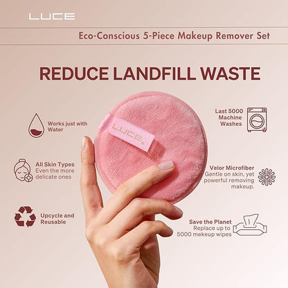 LUCE Makeup Remover Pads Reusable – First Velour Microfiber Makeup Remover Cloth, Eco-Friendly Washable Design, Ultra-Soft for All Skin Types