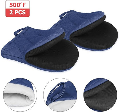 Short Oven Mitts, Heat Resistant 500°F, Silicone Grip Kitchen Gloves, Non-Slip for Baking, Grilling, BBQ, Machine Washable with Hanging Loop, 2-Pack Set, Denim Blue