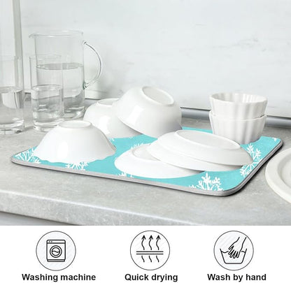 Winter Snowflake Turquoise Dish Drying Mat for Kitchen Countertop 16x18 Christmas Snow Aqua Xmas Small Drying Mat Reusable Quick Dry Dish Sink Mats Easy Clean Decorative Essentials