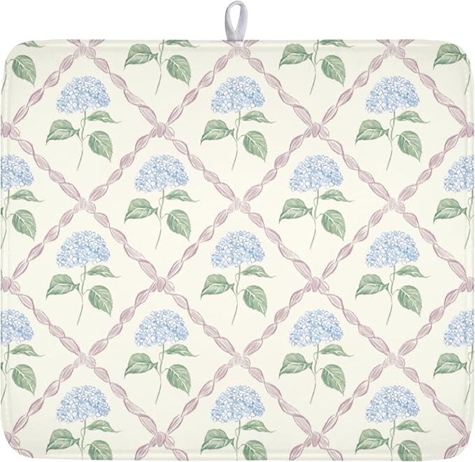 Hydrangea Floral Dish Drying Mat for Kitchen Counter Watercolor Blue and Pink Flower Drying Mat 16x18 Inch Rustic Elegant Absorbent Dish Drainer Mat Kitchen Accessories