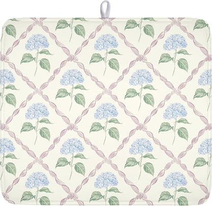 Hydrangea Floral Dish Drying Mat for Kitchen Counter Watercolor Blue and Pink Flower Drying Mat 16x18 Inch Rustic Elegant Absorbent Dish Drainer Mat Kitchen Accessories