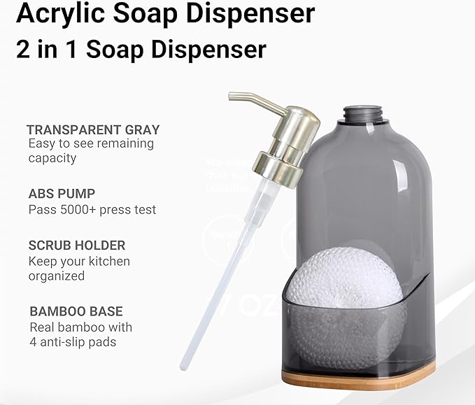 Kitchen Soap Dispenser with Sponge Holder, Refillable Acrylic Dish Soap Dispenser 17oz for Kitchen Sink and Bathroom, Anti Slip, Countertop Home Decor (Grey)