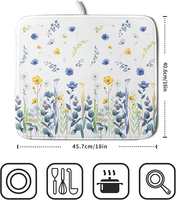 Floral Dish Drying Mat for Kitchen Counter 18x16 Inch Yellow Purple Flower Drying Mat with Absorbent Reversible Microfiber Season Spring Dish Drainer Mats Rack Pad for Coffee Countertop Protector