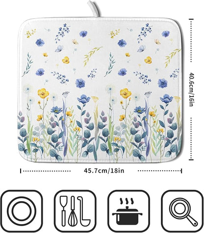 Floral Dish Drying Mat for Kitchen Counter 18x16 Inch Yellow Purple Flower Drying Mat with Absorbent Reversible Microfiber Season Spring Dish Drainer Mats Rack Pad for Coffee Countertop Protector