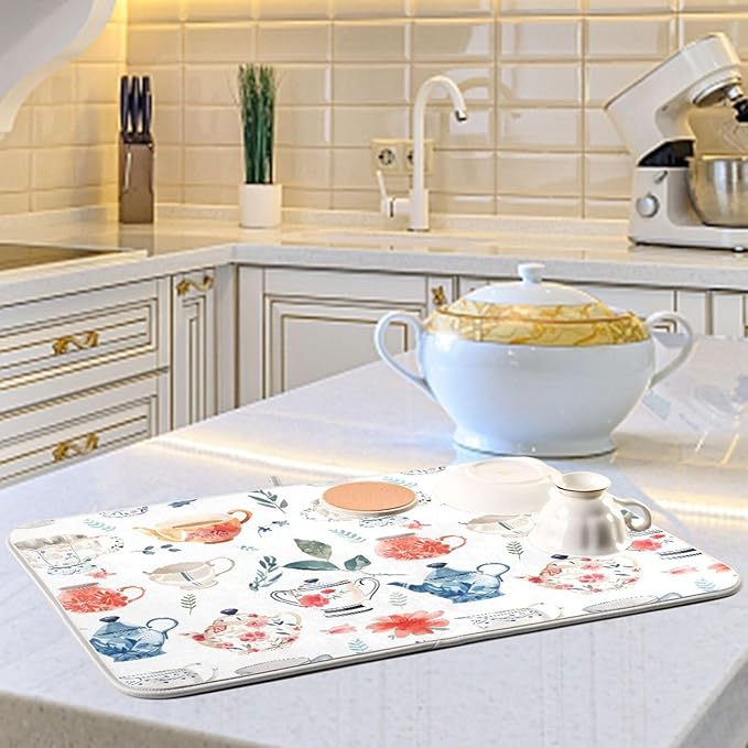 Watercolor Tea Cups Teapots Dish Drying Mat for Kitchen Counter Absorbent Microfiber Drying Pad, Medium 16x18 in, Reversible Drainer Mats