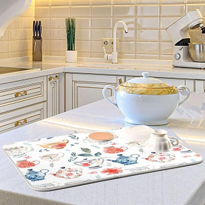 Watercolor Tea Cups Teapots Dish Drying Mat for Kitchen Counter Absorbent Microfiber Drying Pad, Medium 16x18 in, Reversible Drainer Mats