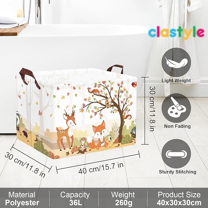 Clastyle Autumn Forest Animals Baby Laundry Hamper Maple Tree Kid Storage Basket Boys Girls Gift Toy Box Collapsible Clothes Organizer Nursery Bin for Bedroom,Fox Squirrel,40 * 30 * 30 cm