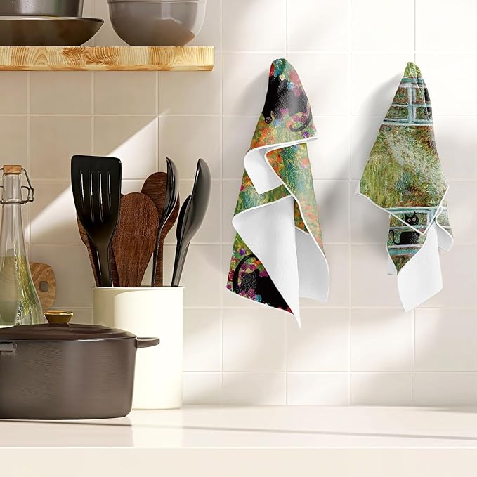 Black Cat Kitchen Towels, 4PCS Cat and Flower Dish Towels for Cooking Cleaning, Absorbent Aesthetic Decorative Tea Towel with Hanging Loop for Home Kitchen(16 X 24 Inches)