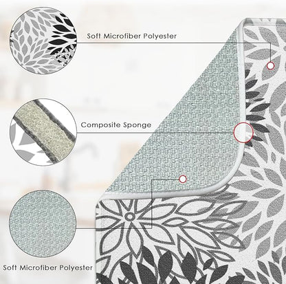 Sanwarm Absorbent Dish Drying Mat, Vintage Spring Leaf Gray Floral Flower Microfiber Pad for Kitchen Counter, Coffee Bar Decor, Heat Resistant and Reversible, 18" x 24"