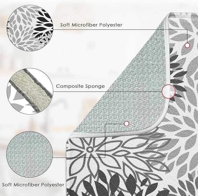Sanwarm Absorbent Dish Drying Mat, Vintage Spring Leaf Gray Floral Flower Microfiber Pad for Kitchen Counter, Coffee Bar Decor, Heat Resistant and Reversible, 16" x 18"