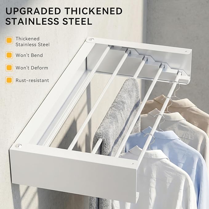 Clothes Drying Rack Wall Mounted - 41.73" Large Stainless Steel Laundry Drying Rack Collapsible, 60LBS Heavy Duty Retractable Hanger, 5-Rod Tiered Foldable Rack for Indoor