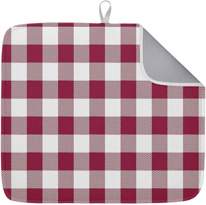 Dish Drying Mat Wine Red Buffalo Check Plaid Drying Mats for Kitchen Counter Farmhouse Style Absorbent Microfiber Dish Drainer Quick Drying Coffee Mat with Hanging Loop, 18 x24 inch