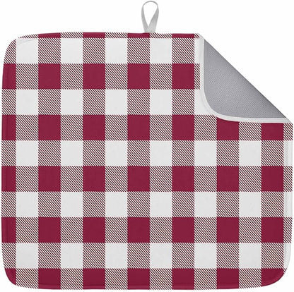 Dish Drying Mat Wine Red Buffalo Check Plaid Drying Mats for Kitchen Counter Farmhouse Style Absorbent Microfiber Dish Drainer Quick Drying Coffee Mat with Hanging Loop, 18 x24 inch