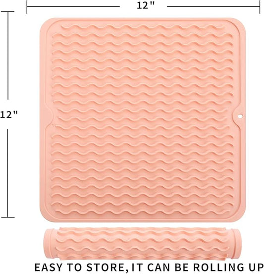 MicoYang Silicone Dish Drying Mat for Multiple Usage,Easy clean,Eco-friendly,Heat-resistant Silicone Mat for Kitchen Counter or Sink,Refrigerator or Drawer liner Pink M 12 inches x 12 inches