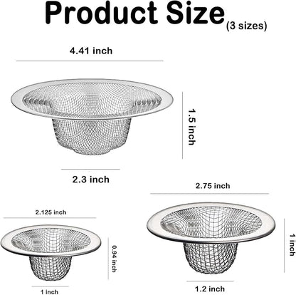 Bathroom Mesh Sink Drain Strainer Screen, 15PCS Drain Mesh Basket Cover Stainless Steel Slop Basket Filter Trap Tub Drain Screen Hair Catcher for Shower Utility Drain (2.125''&2.75"&4.41'')