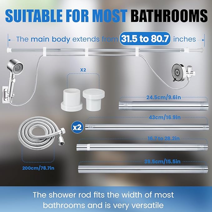 DEVA FRONSA Dual Shower Head for Couples, Double Shower System, 6+3 Adjustable Spray Modes, High Pressure, 31.5-80.7" Extendable Rod, 78.7" Hose