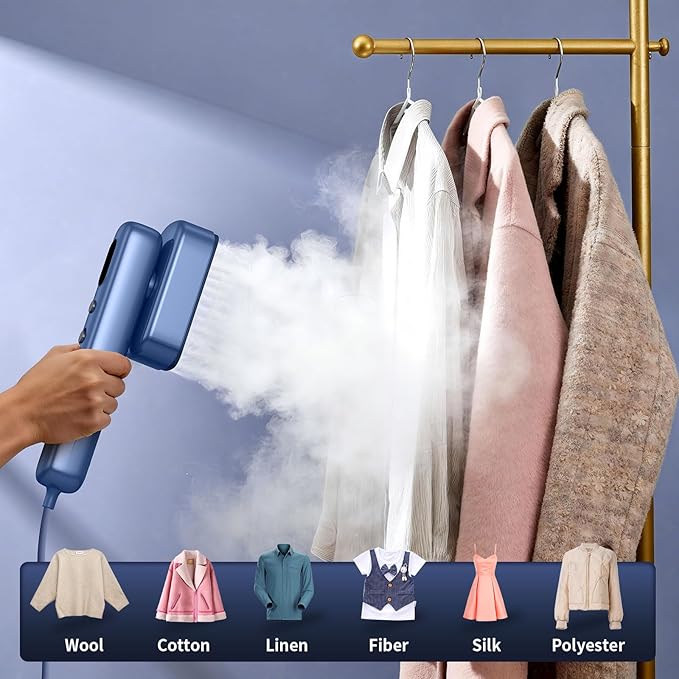 Portable Clothes Steamer Handheld for Travel, 110-230V Dual Voltage, 2in1 Mini Steamer & Iron for Clothes, 30s Fast Heat Up, Compact for Home, Office & Travel, Blue
