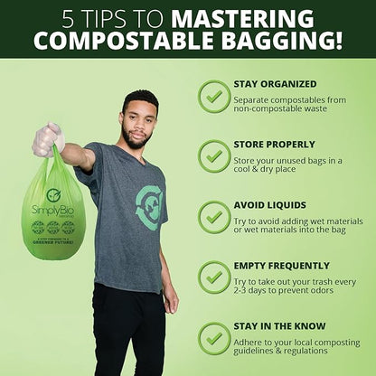 Simply Bio 1.6 Gallon Compostable Trash Bags Liners Handle, Heavy Duty Extra Thick 0.6 Mil, 6.06 Liter, 50 Bags, Small Kitchen Food Scrap Waste Bag, ASTM D6400, US BPI and OK Compost Home Certified