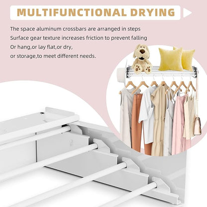 BAKON Wall Mounted Drying Rack with 4 Hooks and Shelf, Foldable Clothes Drying Rack for Laundry Room, Collapsible Laundry Rack Wall Mount, for Indoor Outdoor Hanging Clothes, 23.6 Inch
