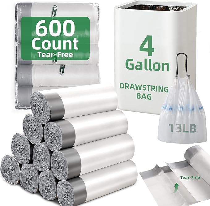 600 Counts 4 Gallon Trash Bag Drawstring Small Trash Bags, Thick Pre-separated Garbage Bags, Trash Bin Liners, Suitable for bathroom, kitchen, bedroom, office (White)