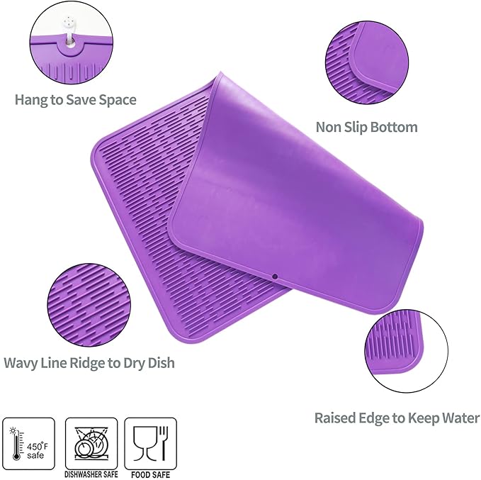 MicoYang Silicone Dish Drying Mat for Multiple Usage,Easy clean,Eco-friendly,Heat-resistant Silicone Mat for Kitchen Counter or Sink,Refrigerator or Drawer Liner Purple 3XL 28 inches x 18 inches