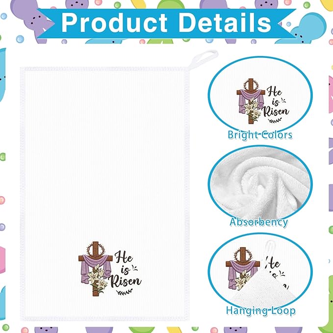 Happy Easter Kitchen Towels Set of 2, He is Risen Easter Cross Dish Towels Gifts for Cooking Cleaning, Spring Hand Towels with Hanging Loop for Kitchen Bathroom Home Decor