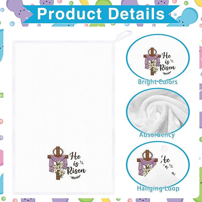 Happy Easter Kitchen Towels Set of 2, He is Risen Easter Cross Dish Towels Gifts for Cooking Cleaning, Spring Hand Towels with Hanging Loop for Kitchen Bathroom Home Decor
