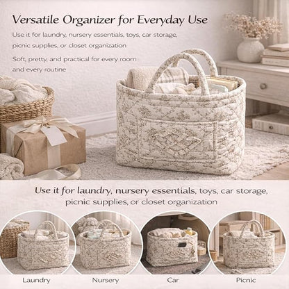 Quilted Laundry Basket with Handles,Boho Quilted Floral Storage Basket with Handles & Pocket,Foldable Cotton Fabric Organizer Tote for Car, Nursery, Laundry, Toys, Picnic, Closet (Lace blue)