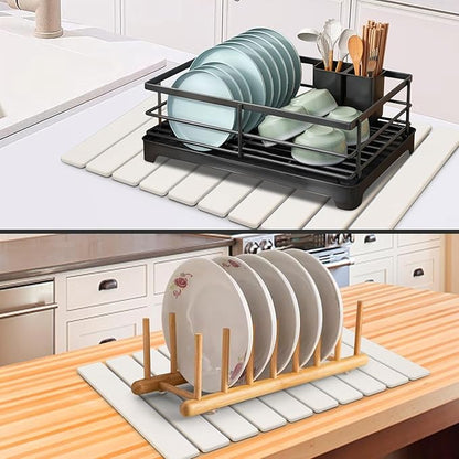 Large Stone Dish Drying Mat for Kitchen Counter, 24"(L)×16"(W), Collapsible Quick Drying Dish Mats, Ultra Absorbent Diatomaceous Earth Mats for Dishes Bottles Cups, Match Any Countertop