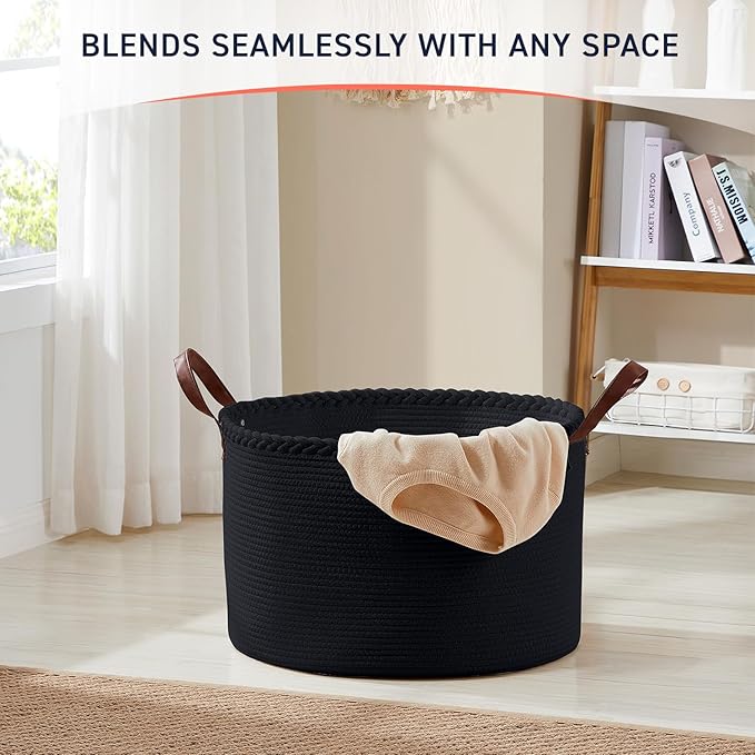 XLarge Round Cotton Rope Storage Basket Bin Organizer Laundry Hamper with Leather Handles, 21 x 21 x 14, Extra Large Blanket Woven Basket for Nursery - Black