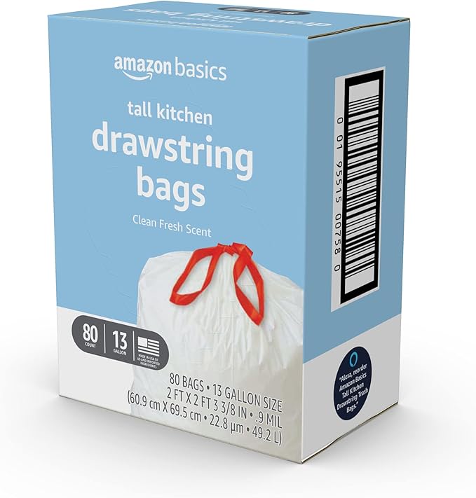 Amazon Basics Tall Kitchen Drawstring Trash Bags, Clean Fresh Scent, 13 Gallon, Odor Control, 0.9 mil Thickness, 80 Count (Previously Solimo)