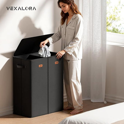 150L Double Laundry Hamper With Lid, Large Clothes Hampers with Removable Bag, Laundry Hamper 2 Section for Bathroom, Bedroom, Laundry Room, Dorm, Black