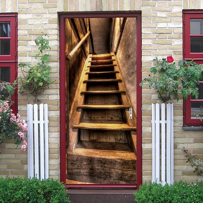 3D Door Stickers Murals Peel and Stick - Wooden Stairs Wallpaper Self-Adhesive Decals Removable PVC Waterproof Poster for Bedroom Living Room 31.5" x 78.7"