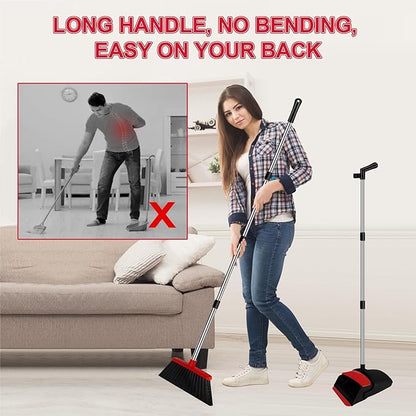 Broom with Dustpan Combo Set and Silicone Air Broom Kit, 51" Long Handle Floor Squeegee, Red Household Kit for Glass Window Rugs Pet Hair Home