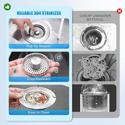 Kitchen Sink Drain Strainer 3-in-1,Pop-Up Stopper & Anti-Clogging Basket - 304 Stainless Steel Sink Strainer Anti-Clogging Sink Drain Strainer for US Standard Kitchen Drain