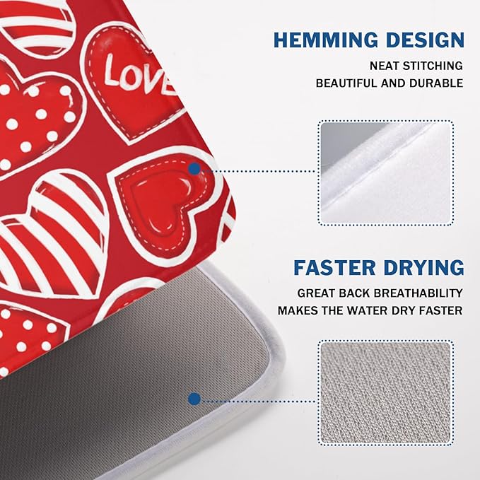 Valentines Day Dish Drying Mat for Kitchen Counter Red Polka Dot Stripe Love Heart Pattern Drying Mat 18x24 Inch Valentines Holiday Absorbent Dish Drainer Mat Kitchen Accessories