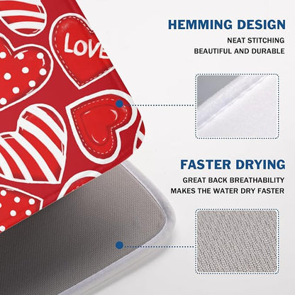 Valentines Day Dish Drying Mat for Kitchen Counter Red Polka Dot Stripe Love Heart Pattern Drying Mat 18x24 Inch Valentines Holiday Absorbent Dish Drainer Mat Kitchen Accessories
