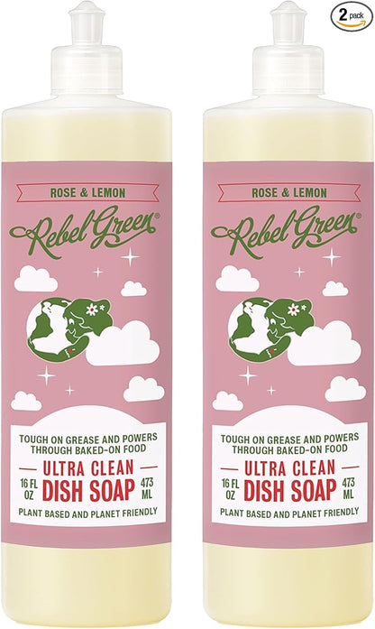 Rebel Green Super Deluxe Dish Soap - Natural Dishwashing Soap - Liquid Dish Detergent - Sustainable Dish Liquid Scented with Rose & Lemon - (16 oz Bottles, 2 Pack)