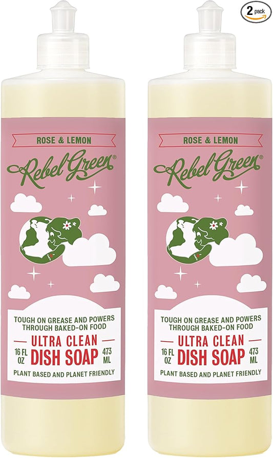 Rebel Green Super Deluxe Dish Soap - Natural Dishwashing Soap - Liquid Dish Detergent - Sustainable Dish Liquid Scented with Rose & Lemon - (16 oz Bottles, 2 Pack)