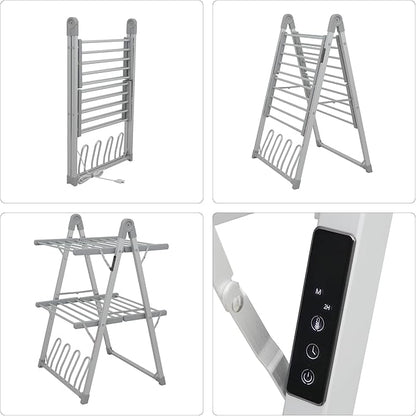Electric Heated Clothes Drying Rack,Foldable Heated Garment Dryer with Timer Shut-Off Laundry Rack for Clothes Shoes Socks,Aluminum Alloy,Silvery Gray,Plug & Play,(39.37x25.98x23.82in)