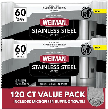 Weiman Stainless Steel Cleaner & Polish Kit, 2 Wipes & Cloth, Anti-Fingerprint, Removes Grease, Water Spots, Streaks & Residue, Polishing Cleaner Safe for Appliances, Chrome, Sinks & Grill Exteriors