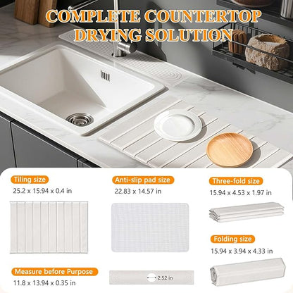2-in-1 Stone Drying Mat Kit – Faucet Mat for Kitchen Sink & Drying Stone for Countertop, Quick Dry Diatomaceous Earth Dish Mat Set, Foldable & Non-Slip for Dishes & Bottles