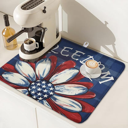 4th of July Dish Drying Mat 18x16 Inch, Patriotic Drying Mat with Absorbent Reversible Microfiber, Independence Day Dish Drainer Mats Memorial Day Rack Pad for Coffee Countertop Kitchen Protector
