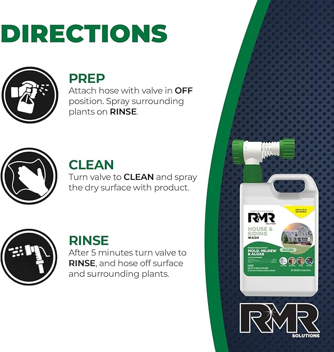 RMR House and Siding Wash - Commercial-Grade Outdoor Stain Remover for Mold, Mildew, and Algae, 64 Ounce Bottle With Hose-End Adapter