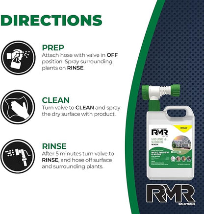 RMR House and Siding Wash - Commercial-Grade Outdoor Stain Remover for Mold, Mildew, and Algae, 64 Ounce Bottle With Hose-End Adapter