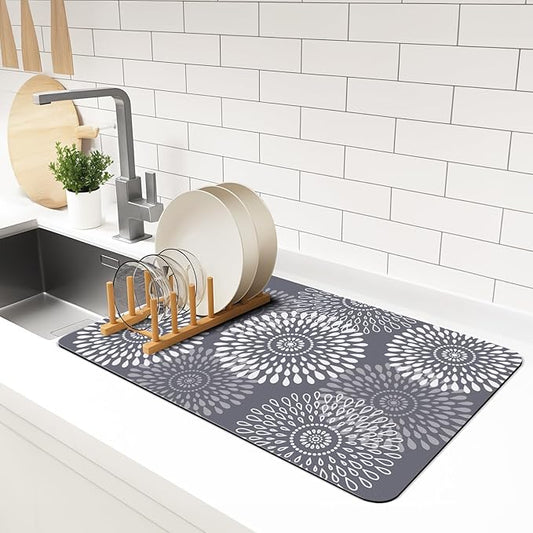 LuxStep Dish Drying Mat Super Absorbent Kitchen Counter Mat Rubber Backing Draining Mat Easy to Clean Kitchen Accessories Dish Rack Pad for Dishes, Utensils, Countertops, Sinks 16" x 24" Grey